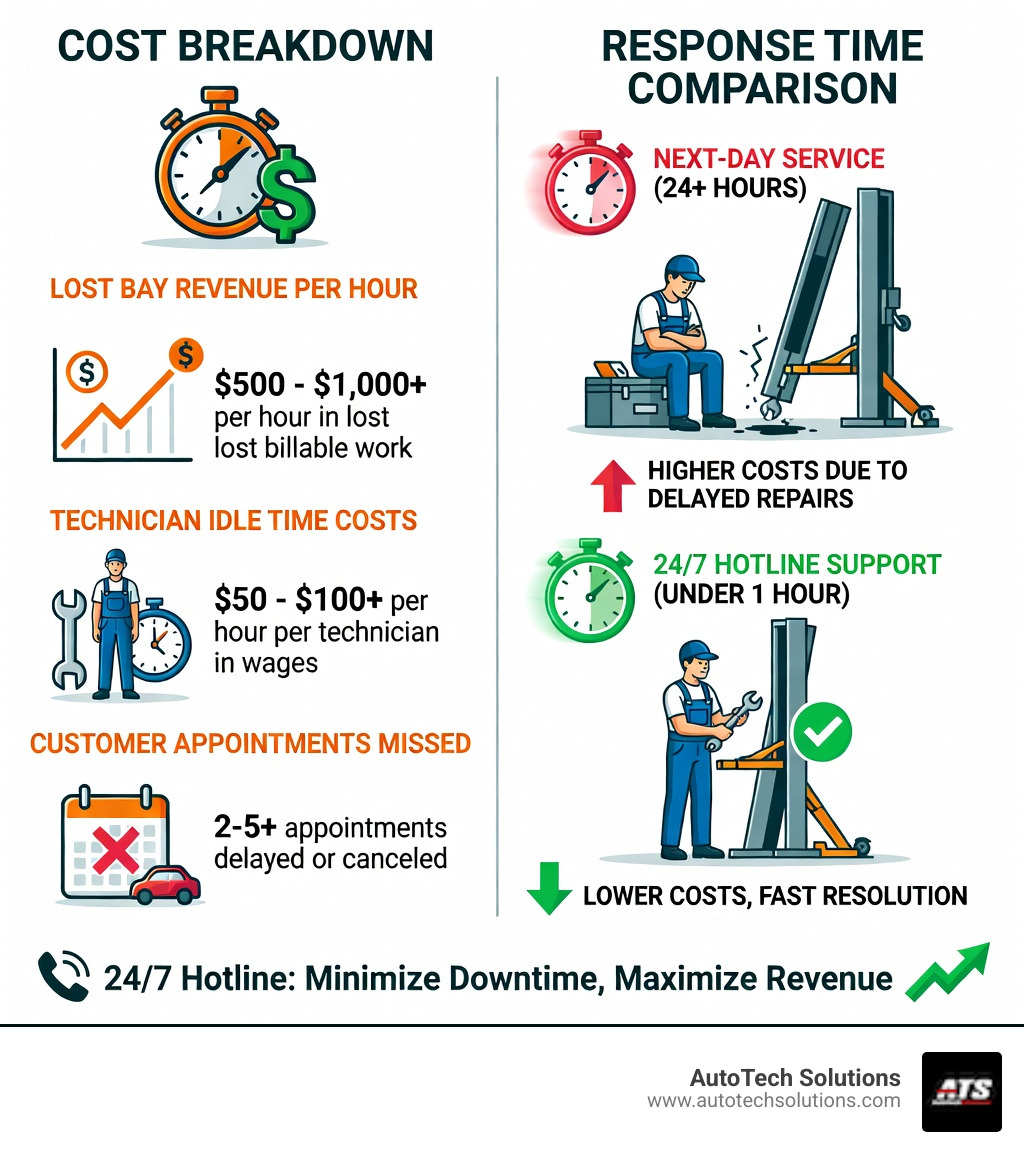 infographic showing the cost breakdown of equipment downtime including lost bay revenue per hour, technician idle time costs, customer appointments missed, and comparison of response times between 24/7 hotline support versus waiting for next-day service - 24/7 equipment service hotline for automotive facilities infographic 