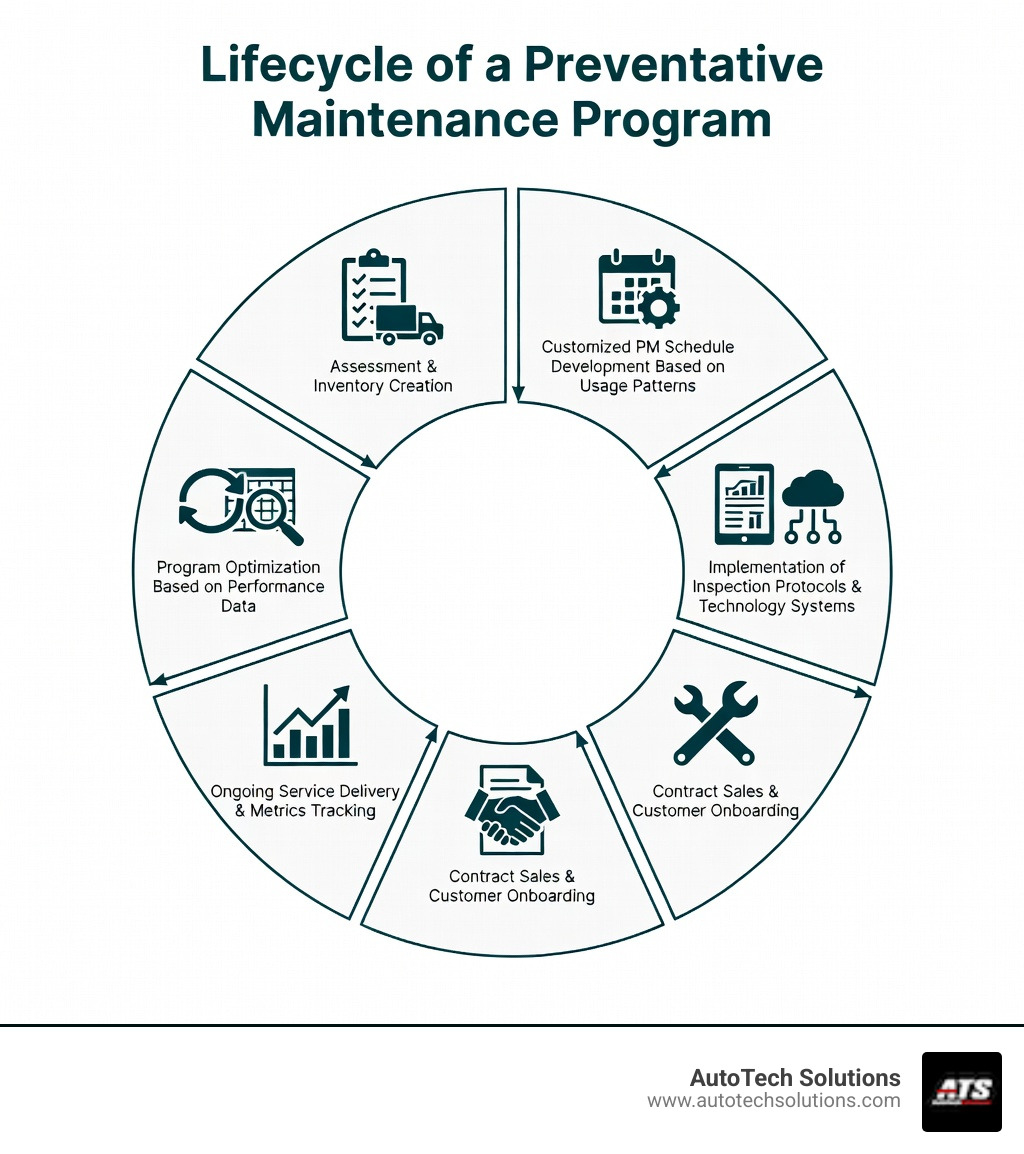 Infographic showing the lifecycle of a preventative maintenance program: assessment and inventory creation, customized PM schedule development based on usage patterns, implementation of inspection protocols and technology systems, contract sales and customer onboarding, ongoing service delivery and metrics tracking, program optimization based on performance data - preventative maintenance programs for dealerships infographic 