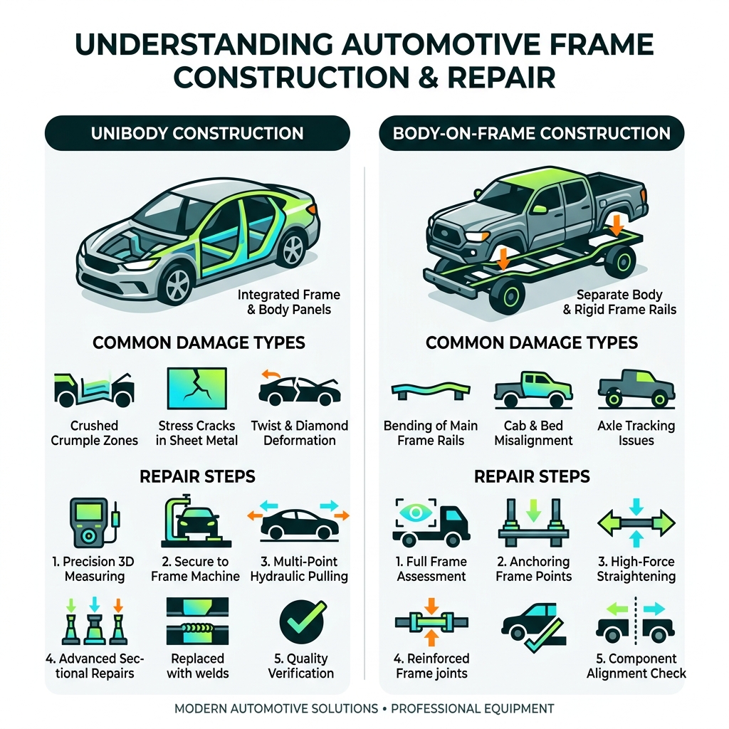 Infographic comparing unibody vs body-on-frame construction, damage types, and repair steps - automotive frame repair Infographic comparing unibody vs body-on-frame construction, damage types, and repair steps - automotive frame repair