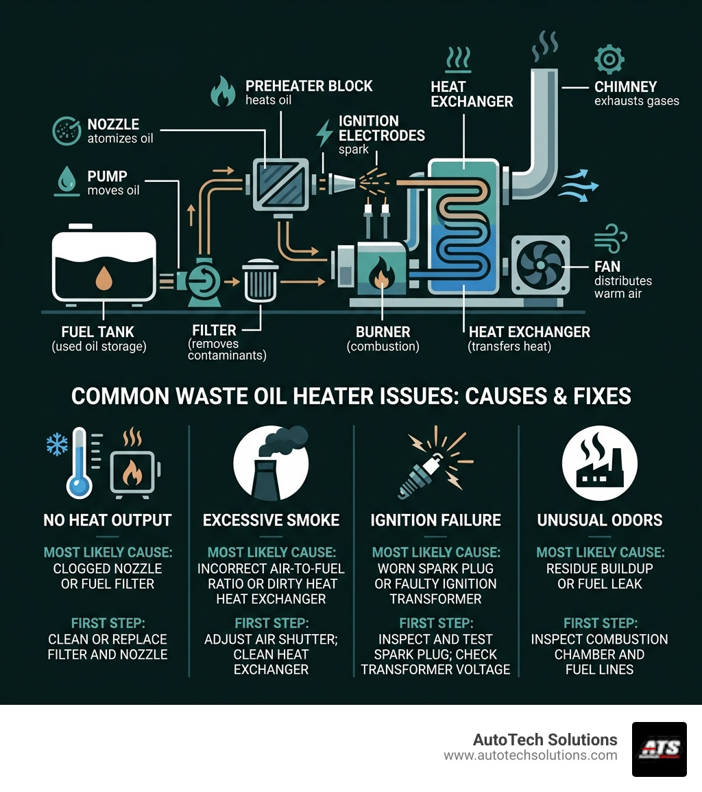 Infographic showing waste oil heater components and common repair issues with causes and fixes - waste oil heater repair Infographic showing waste oil heater components and common repair issues with causes and fixes - waste oil heater repair
