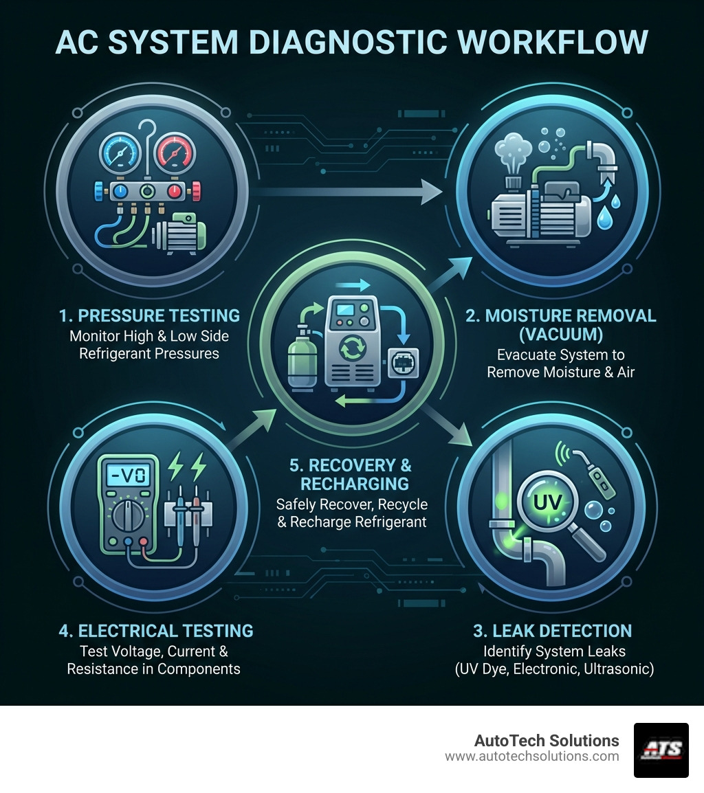 infographic showing the diagnostic workflow for AC systems including pressure testing with manifold gauges, vacuum pump operation for moisture removal, leak detection methods, electrical testing with multimeters, and refrigerant recovery and recharging steps - ac mechanic tools infographic infographic showing the diagnostic workflow for AC systems including pressure testing with manifold gauges, vacuum pump operation for moisture removal, leak detection methods, electrical testing with multimeters, and refrigerant recovery and recharging steps - ac mechanic tools infographic