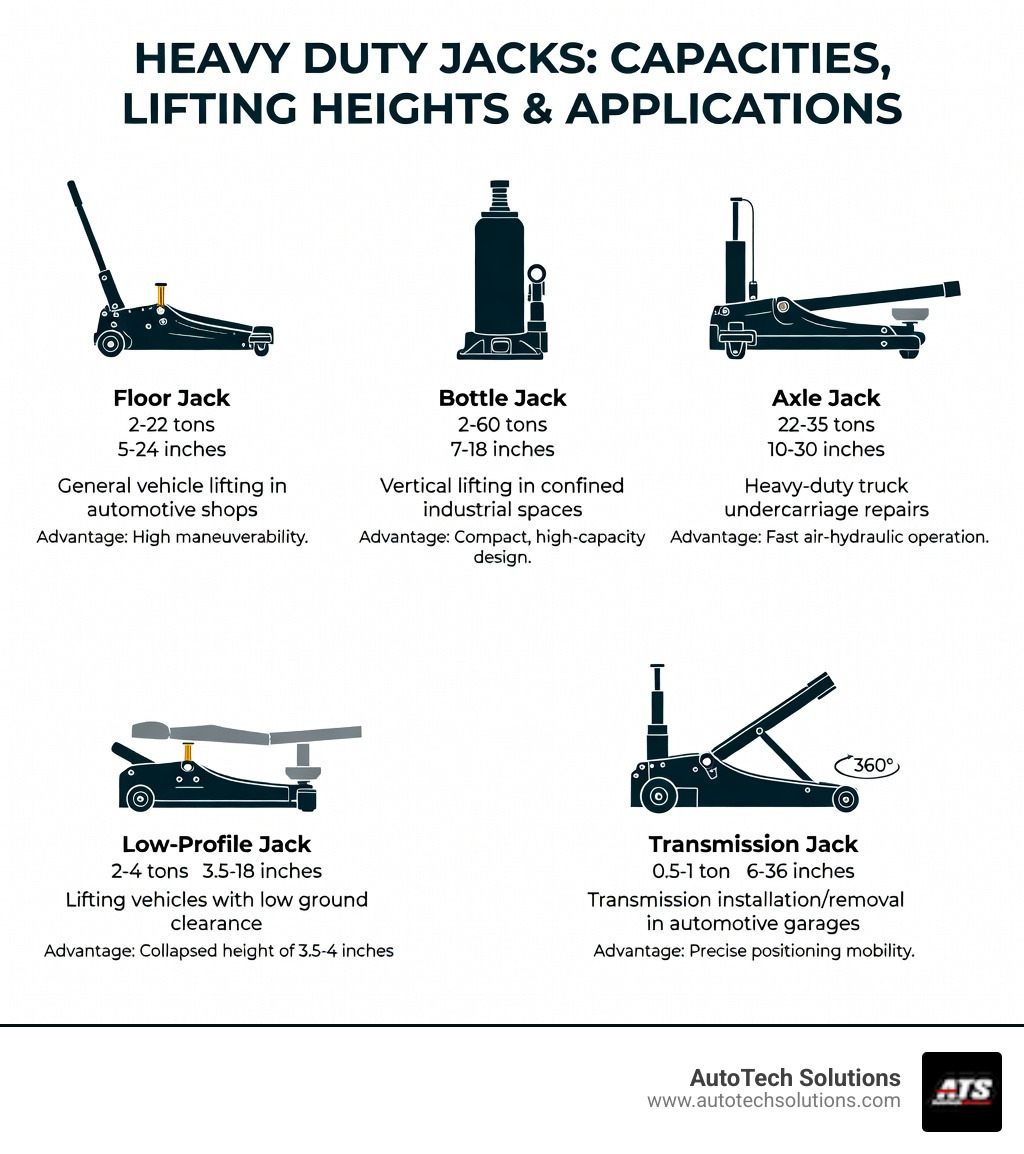 infographic showing different types of heavy duty jacks with their capacity ranges, lifting heights, and primary applications in automotive and industrial settings - Heavy duty jacks infographic infographic showing different types of heavy duty jacks with their capacity ranges, lifting heights, and primary applications in automotive and industrial settings - Heavy duty jacks infographic
