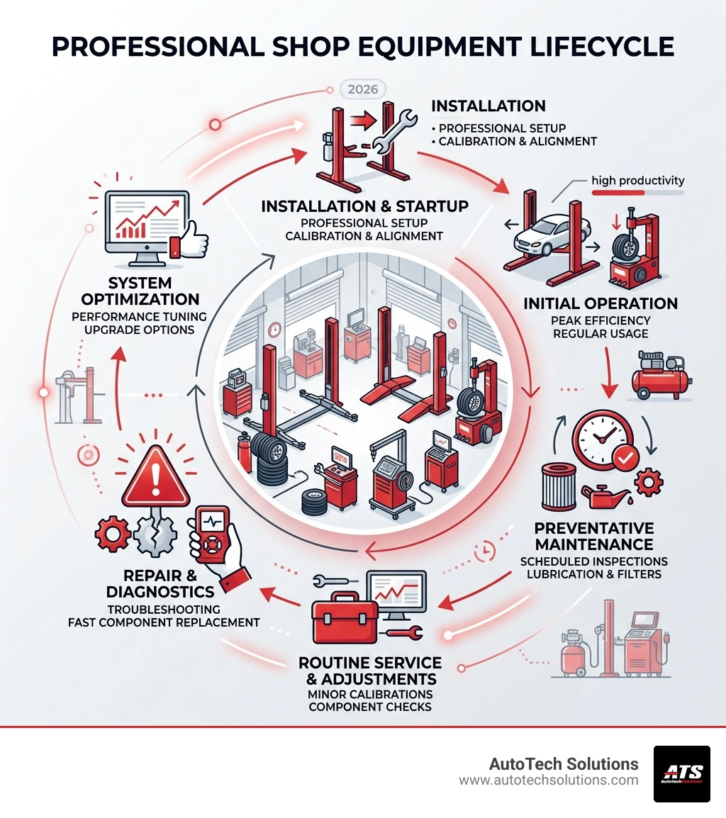 Lifecycle of professional shop equipment from installation to repair and maintenance - automotive machine repair infographic 