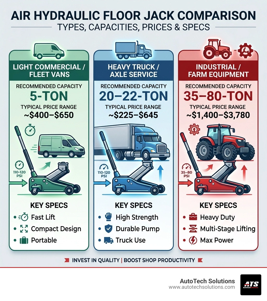 Air hydraulic floor jack types, tonnage capacities, price ranges, and key specs comparison infographic - air hydraulic floor Air hydraulic floor jack types, tonnage capacities, price ranges, and key specs comparison infographic - air hydraulic floor