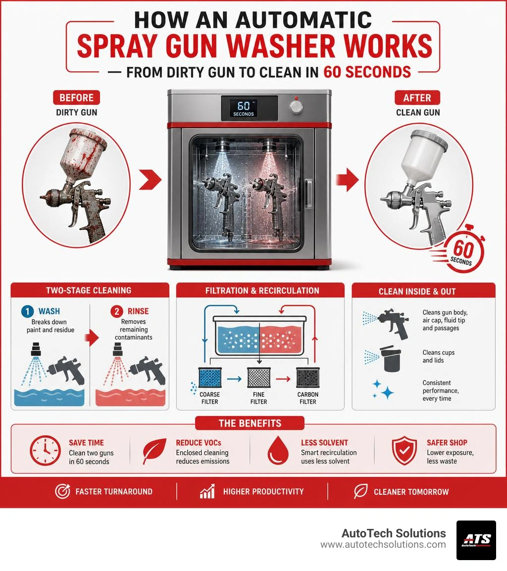 Infographic: How an automatic spray gun washer works — from dirty gun to clean in 60 seconds, showing two-stage cleaning Infographic: How an automatic spray gun washer works — from dirty gun to clean in 60 seconds, showing two-stage cleaning