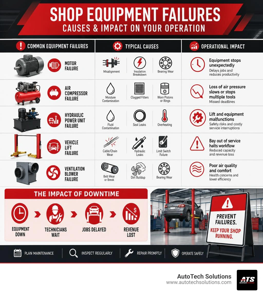 Infographic showing common shop equipment failures, their causes, and the operational impact of downtime on commercial Infographic showing common shop equipment failures, their causes, and the operational impact of downtime on commercial