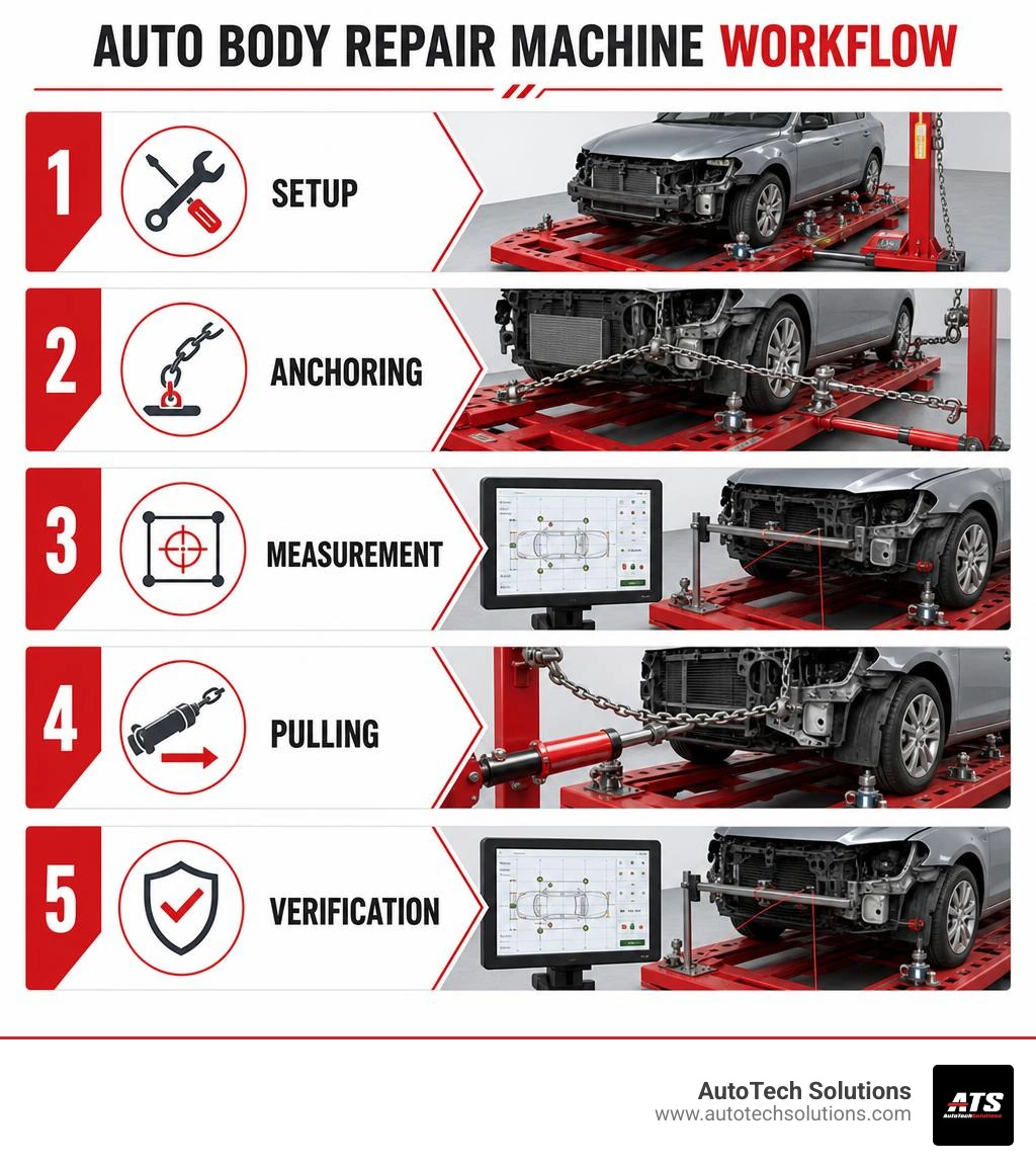 Auto body repair machine workflow: setup, anchoring, measurement, pulling, verification infographic Auto body repair machine workflow: setup, anchoring, measurement, pulling, verification infographic