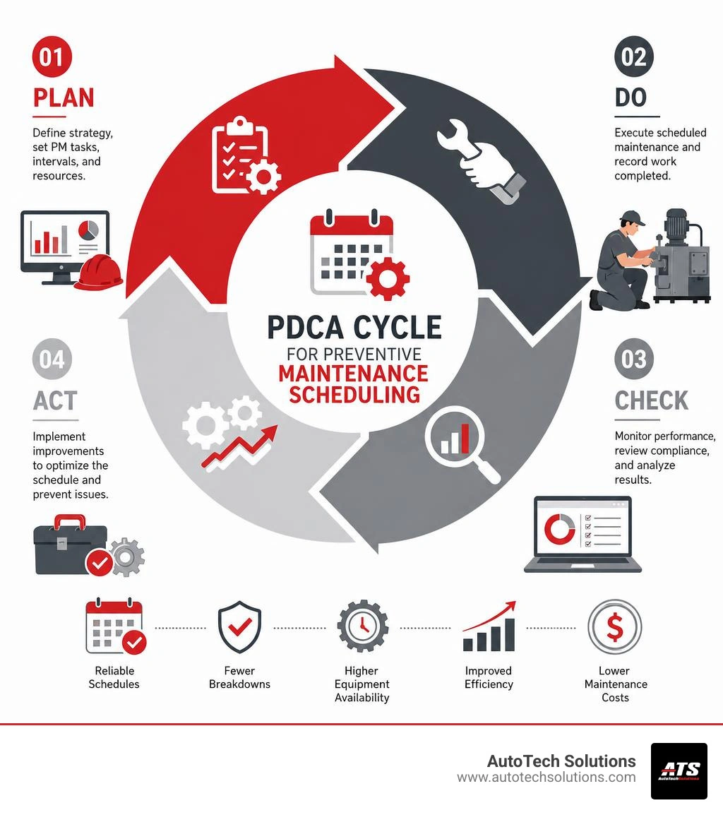 Infographic of the Plan-Do-Check-Act PDCA cycle applied to preventive maintenance scheduling infographic Infographic of the Plan-Do-Check-Act PDCA cycle applied to preventive maintenance scheduling infographic