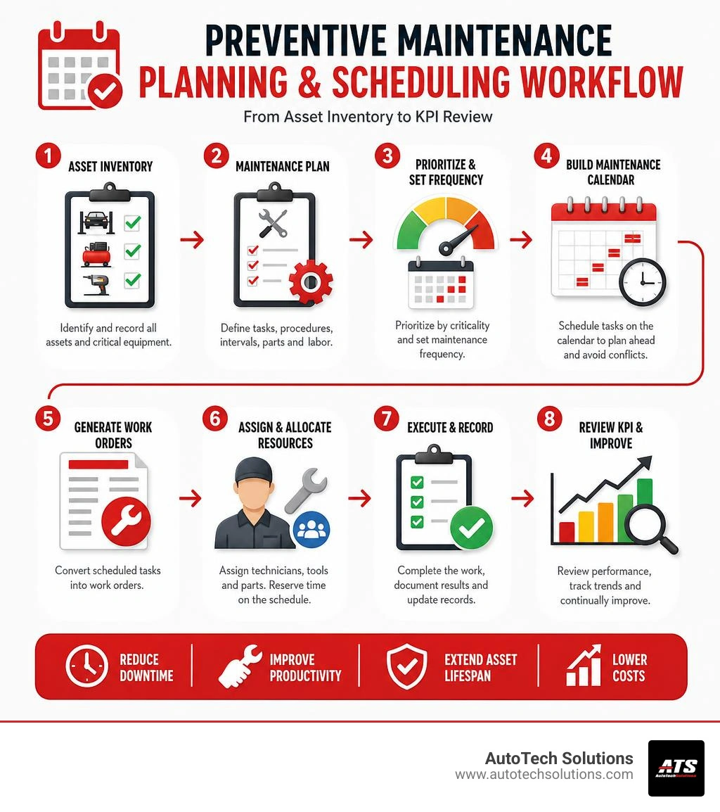 Preventive maintenance planning and scheduling calendar workflow infographic showing steps from asset inventory to scheduled Preventive maintenance planning and scheduling calendar workflow infographic showing steps from asset inventory to scheduled