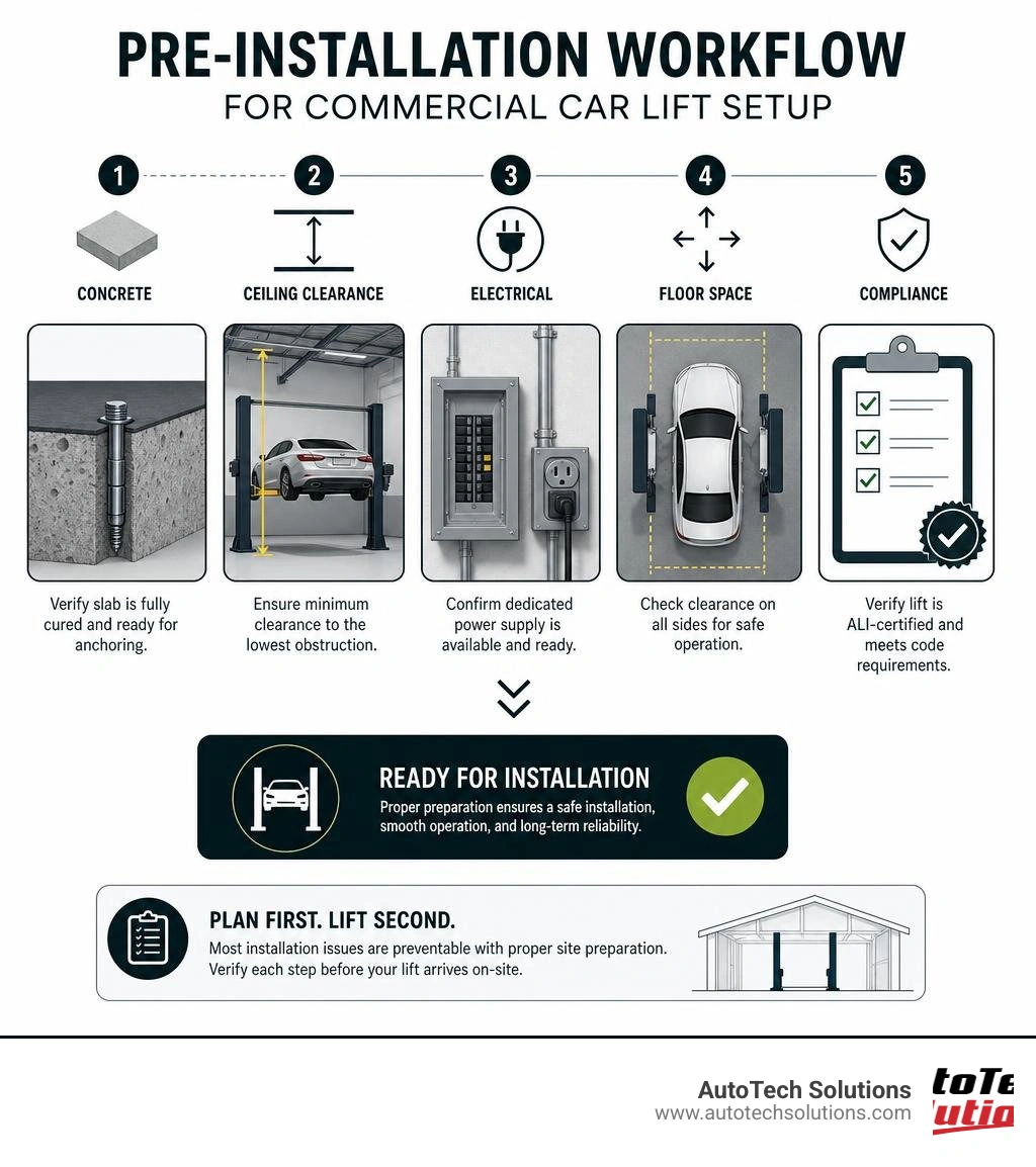 Pre-installation workflow infographic for commercial car lift setup showing concrete, ceiling, electrical, and compliance Pre-installation workflow infographic for commercial car lift setup showing concrete, ceiling, electrical, and compliance