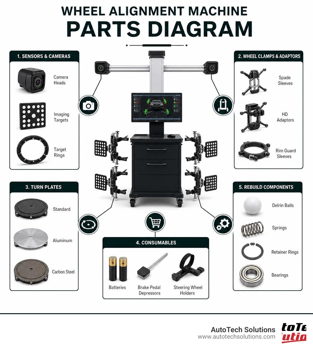 Wheel alignment machine parts diagram: cameras, clamps, turn plates, consumables, and rebuild components infographic Wheel alignment machine parts diagram: cameras, clamps, turn plates, consumables, and rebuild components infographic