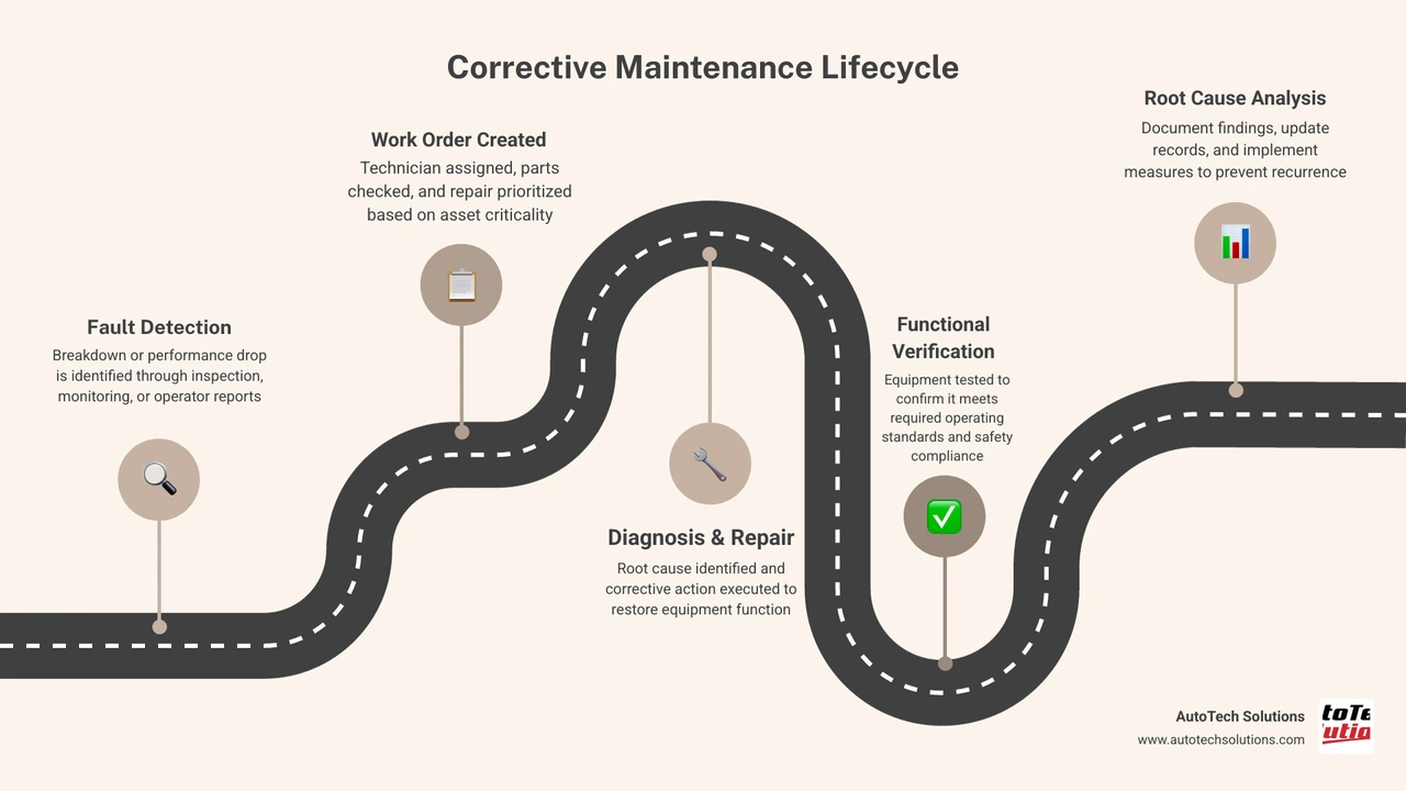 Corrective maintenance lifecycle infographic: fault detection, work order creation, diagnosis, repair, verification, root Corrective maintenance lifecycle infographic: fault detection, work order creation, diagnosis, repair, verification, root