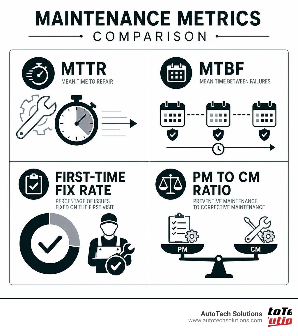 Maintenance metrics comparison infographic: MTTR, MTBF, First-Time Fix Rate, and PM to CM ratio infographic Maintenance metrics comparison infographic: MTTR, MTBF, First-Time Fix Rate, and PM to CM ratio infographic