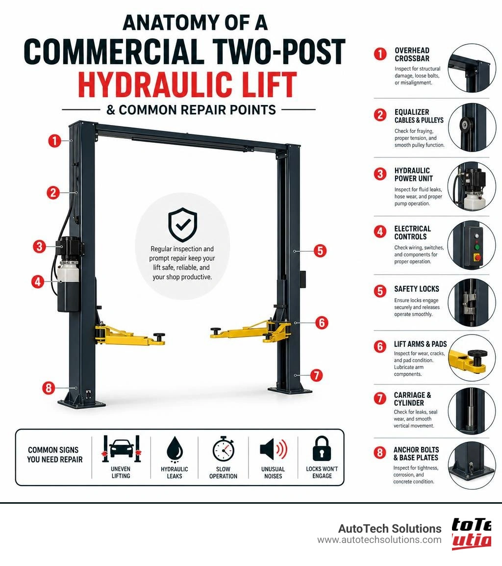 Infographic: anatomy of a commercial two-post hydraulic lift and common repair points infographic