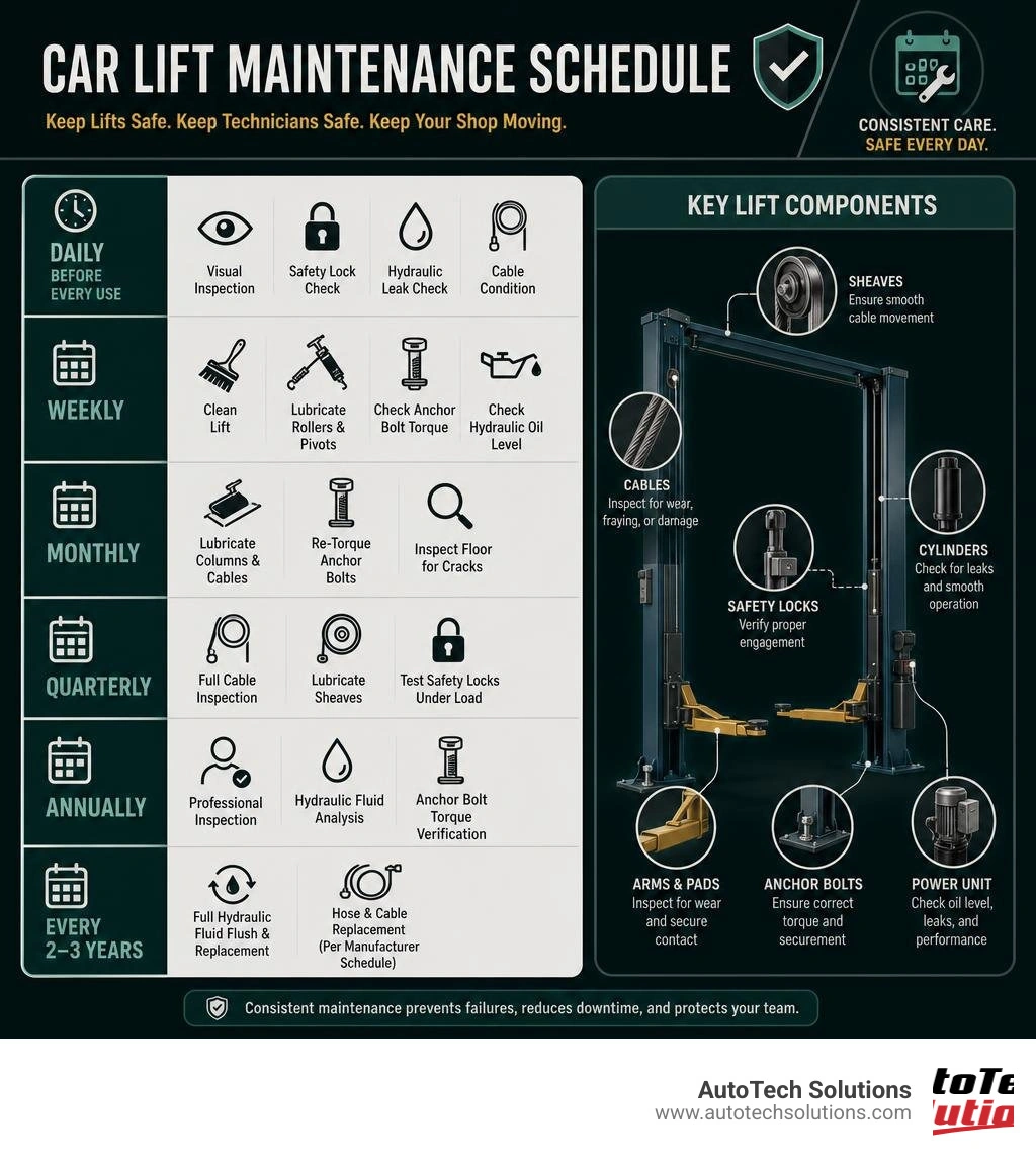 Car lift maintenance schedule infographic showing daily to annual tasks and key components infographic