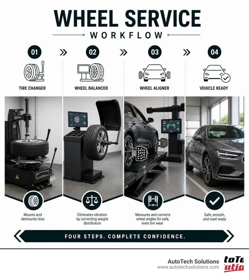 Wheel service workflow infographic: tire changer to wheel balancer to wheel aligner to vehicle ready infographic