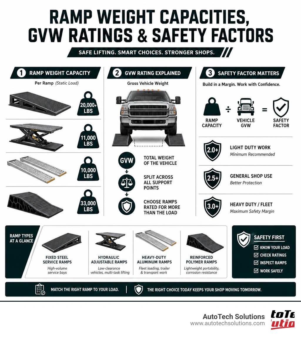 Infographic showing ramp weight capacities, GVW ratings, and safety factors for professional automotive shops infographic