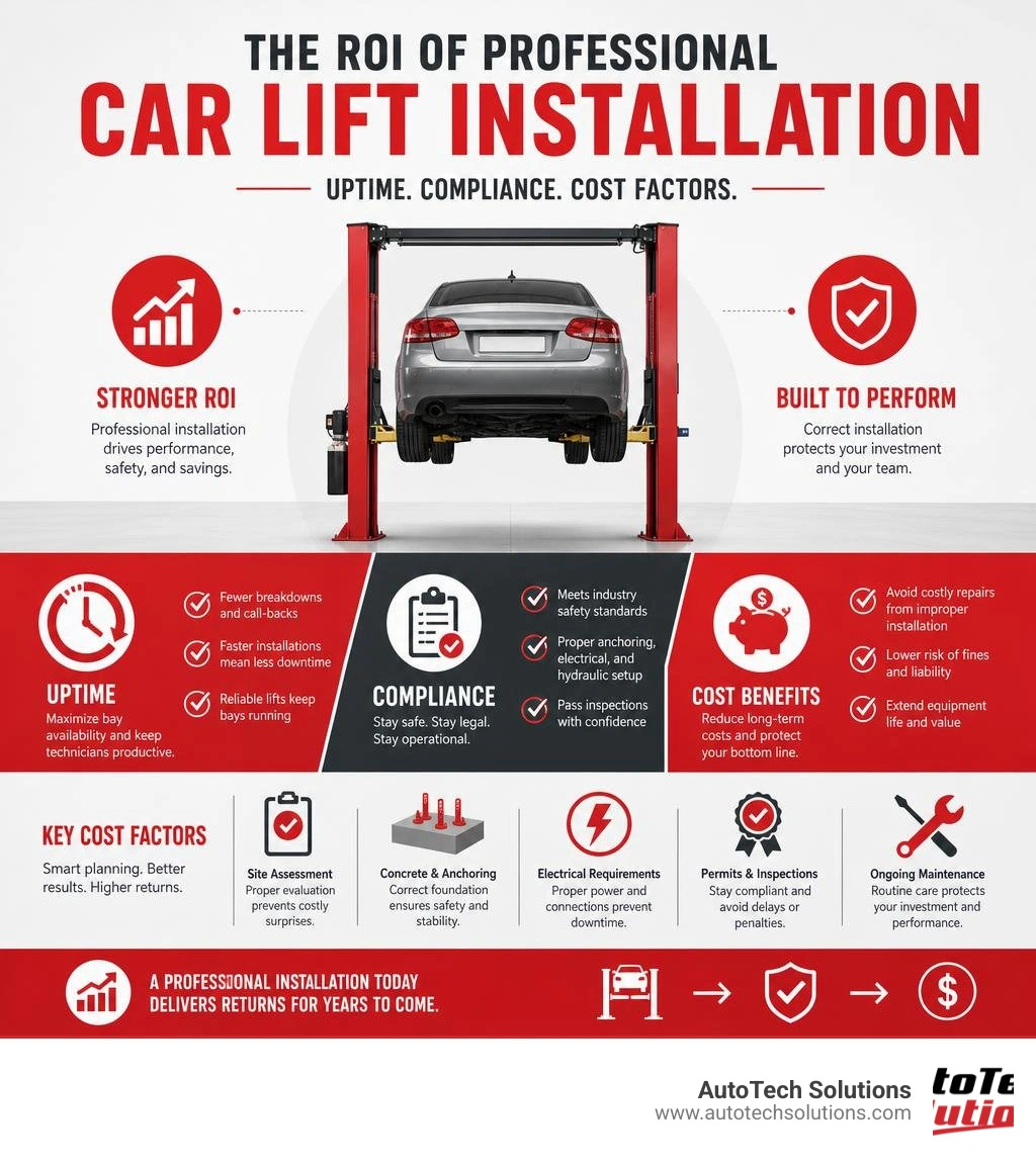 Infographic showing ROI of professional commercial car lift installation: uptime, compliance, and cost factors infographic