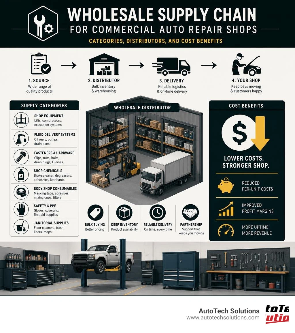 Wholesale supply chain for commercial auto repair shops: categories, distributors, and cost benefits infographic Wholesale supply chain for commercial auto repair shops: categories, distributors, and cost benefits infographic