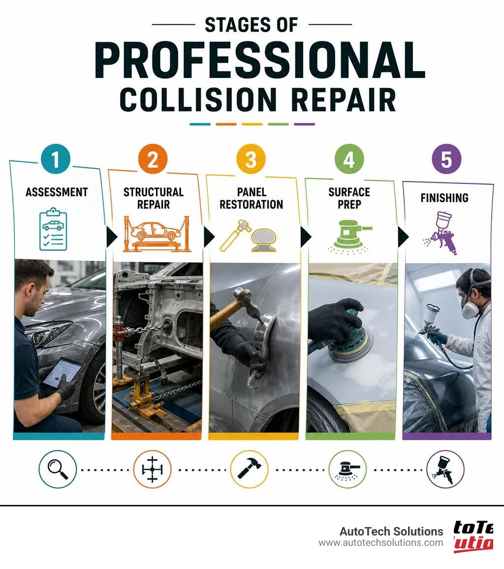 Stages of professional collision repair: assessment, structural repair, panel restoration, surface prep, finishing Stages of professional collision repair: assessment, structural repair, panel restoration, surface prep, finishing