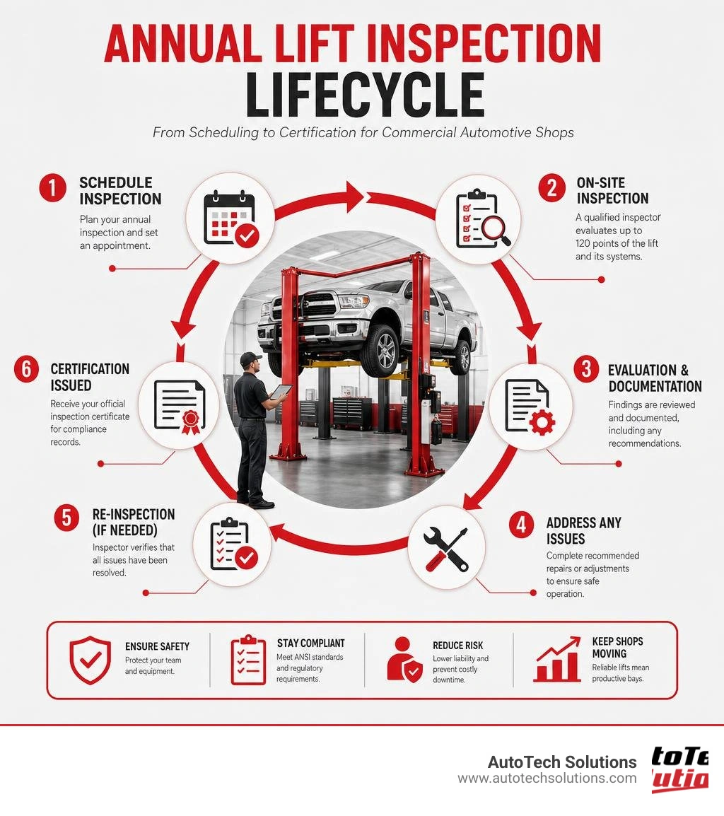 Annual lift inspection lifecycle infographic from scheduling to certification for commercial automotive shops infographic Annual lift inspection lifecycle infographic from scheduling to certification for commercial automotive shops infographic