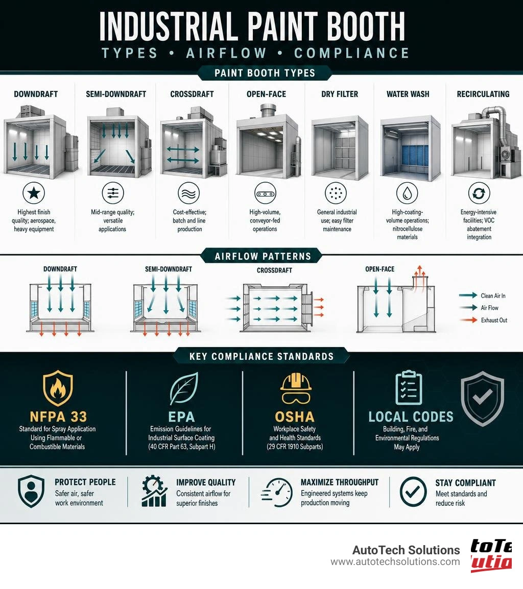 Infographic showing industrial paint booth types, airflow patterns, and key compliance standards infographic Infographic showing industrial paint booth types, airflow patterns, and key compliance standards infographic