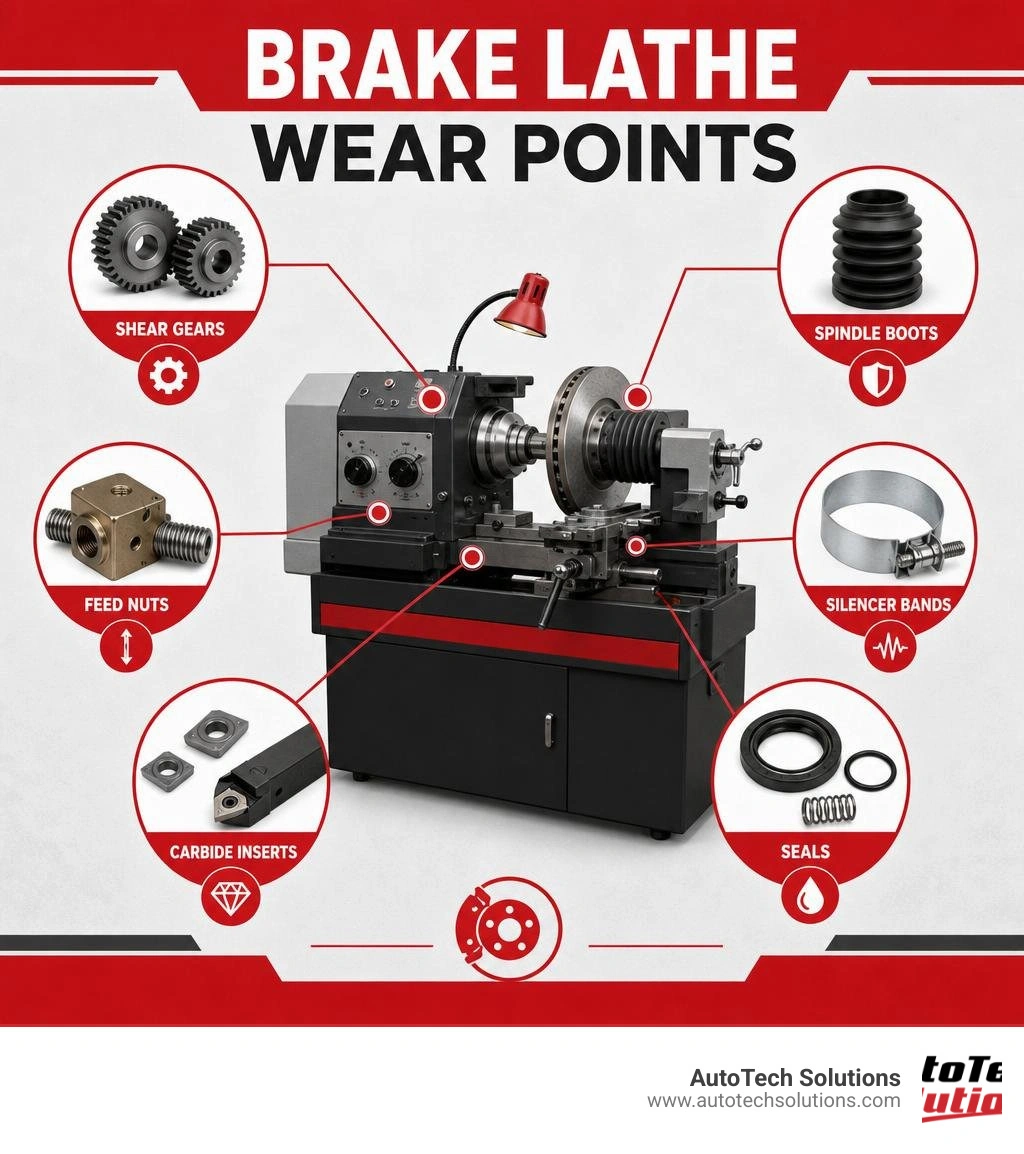 Brake lathe wear points infographic: shear gears, spindle boots, feed nuts, silencer bands, carbide inserts, seals Brake lathe wear points infographic: shear gears, spindle boots, feed nuts, silencer bands, carbide inserts, seals