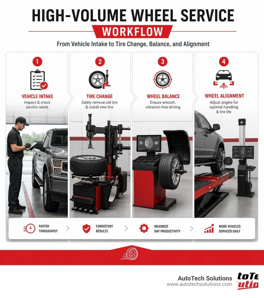 High-volume wheel service workflow from vehicle intake to tire change, balance, and alignment infographic High-volume wheel service workflow from vehicle intake to tire change, balance, and alignment infographic