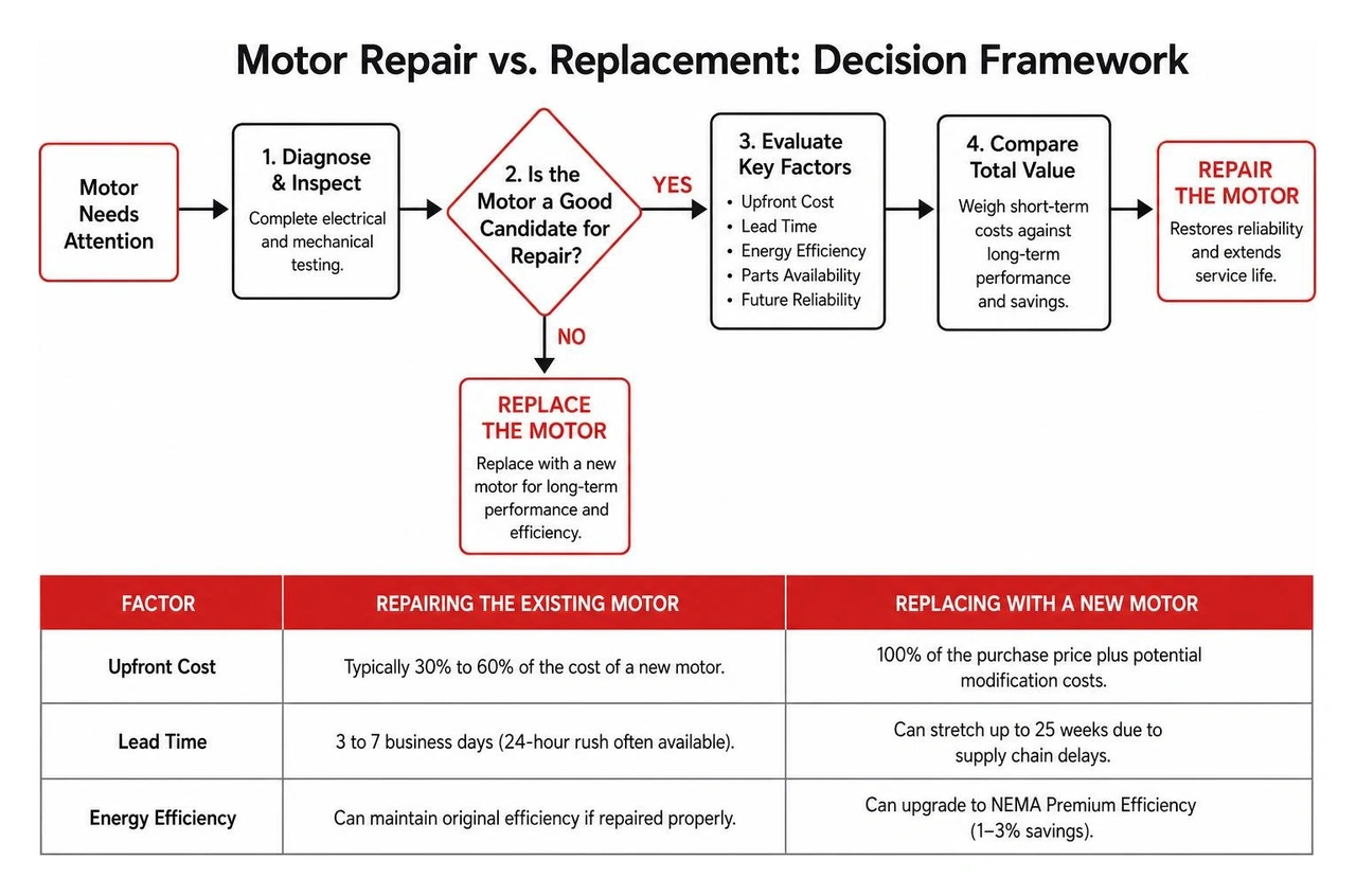 Diagram showing the decision-making process for motor repair vs replacement Diagram showing the decision-making process for motor repair vs replacement