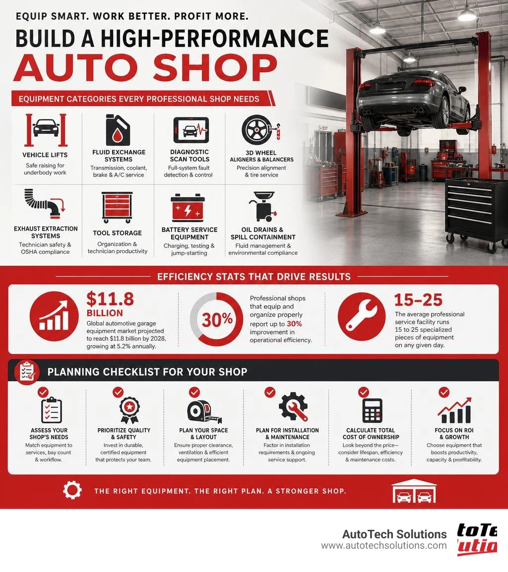Commercial garage equipment categories, efficiency stats, and planning checklist for professional shops infographic Commercial garage equipment categories, efficiency stats, and planning checklist for professional shops infographic