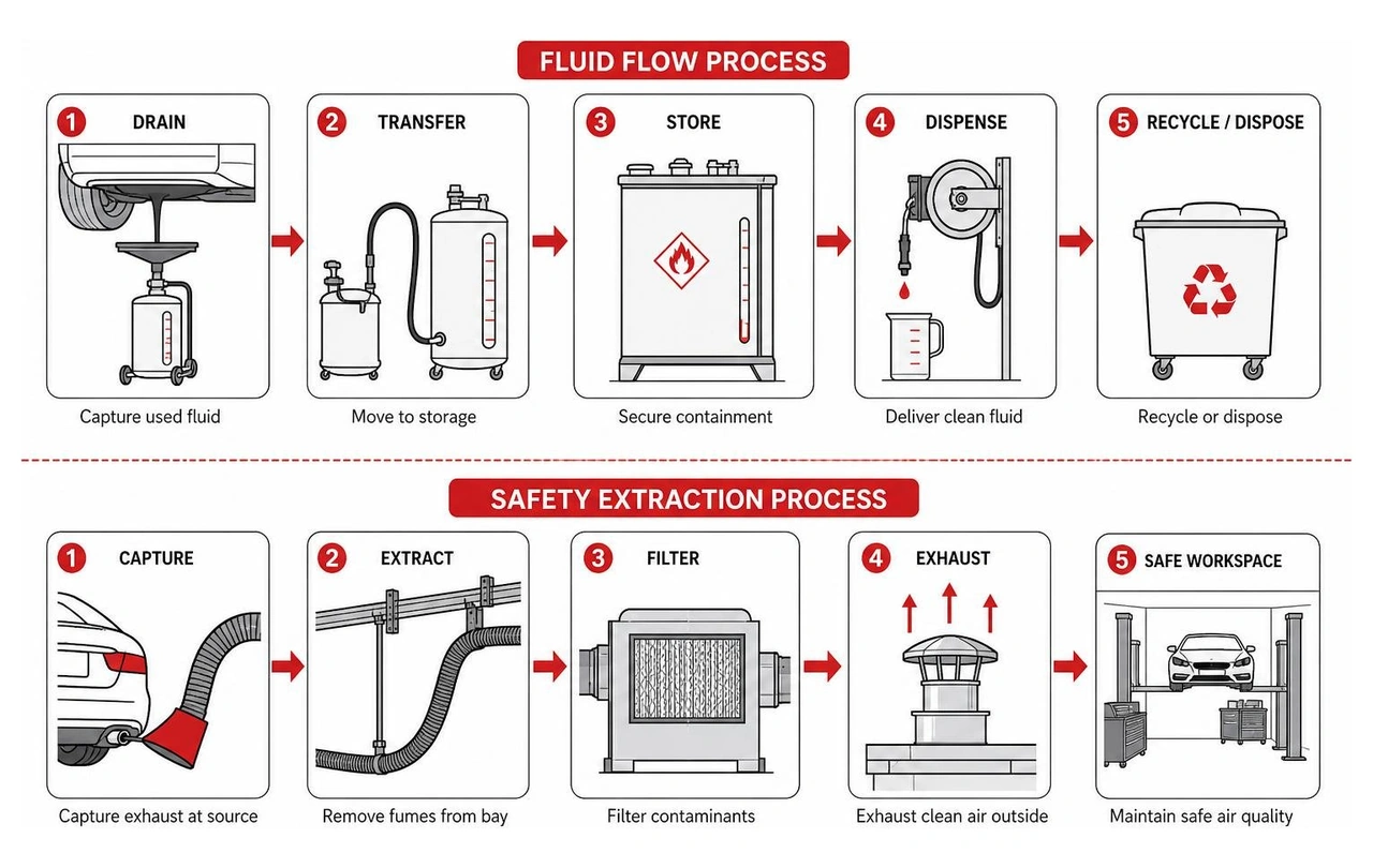 Fluid flow and safety extraction process in a B2B workshop Fluid flow and safety extraction process in a B2B workshop