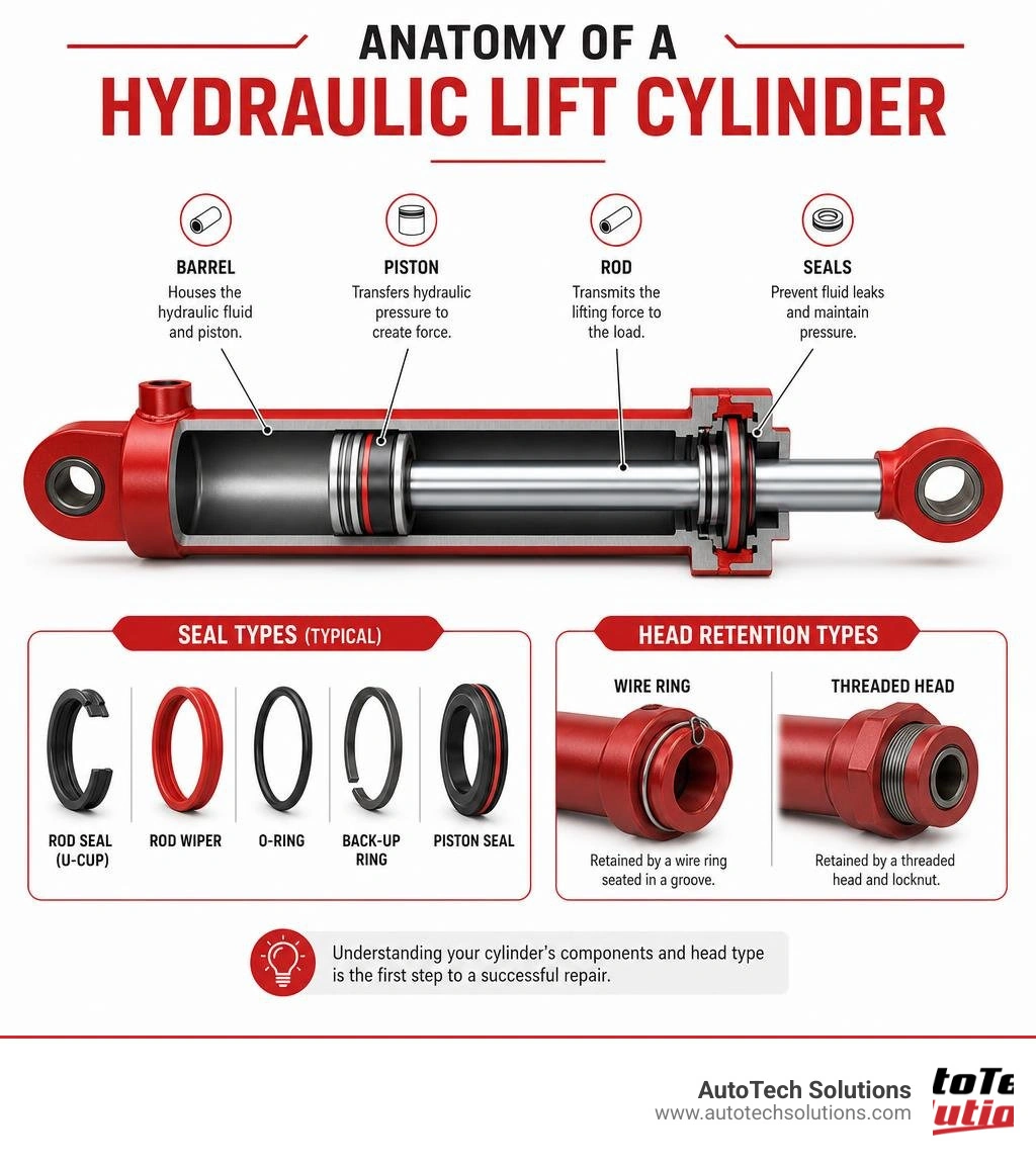 Anatomy of a hydraulic lift cylinder showing barrel, piston, rod, seals, and head retention types infographic Anatomy of a hydraulic lift cylinder showing barrel, piston, rod, seals, and head retention types infographic