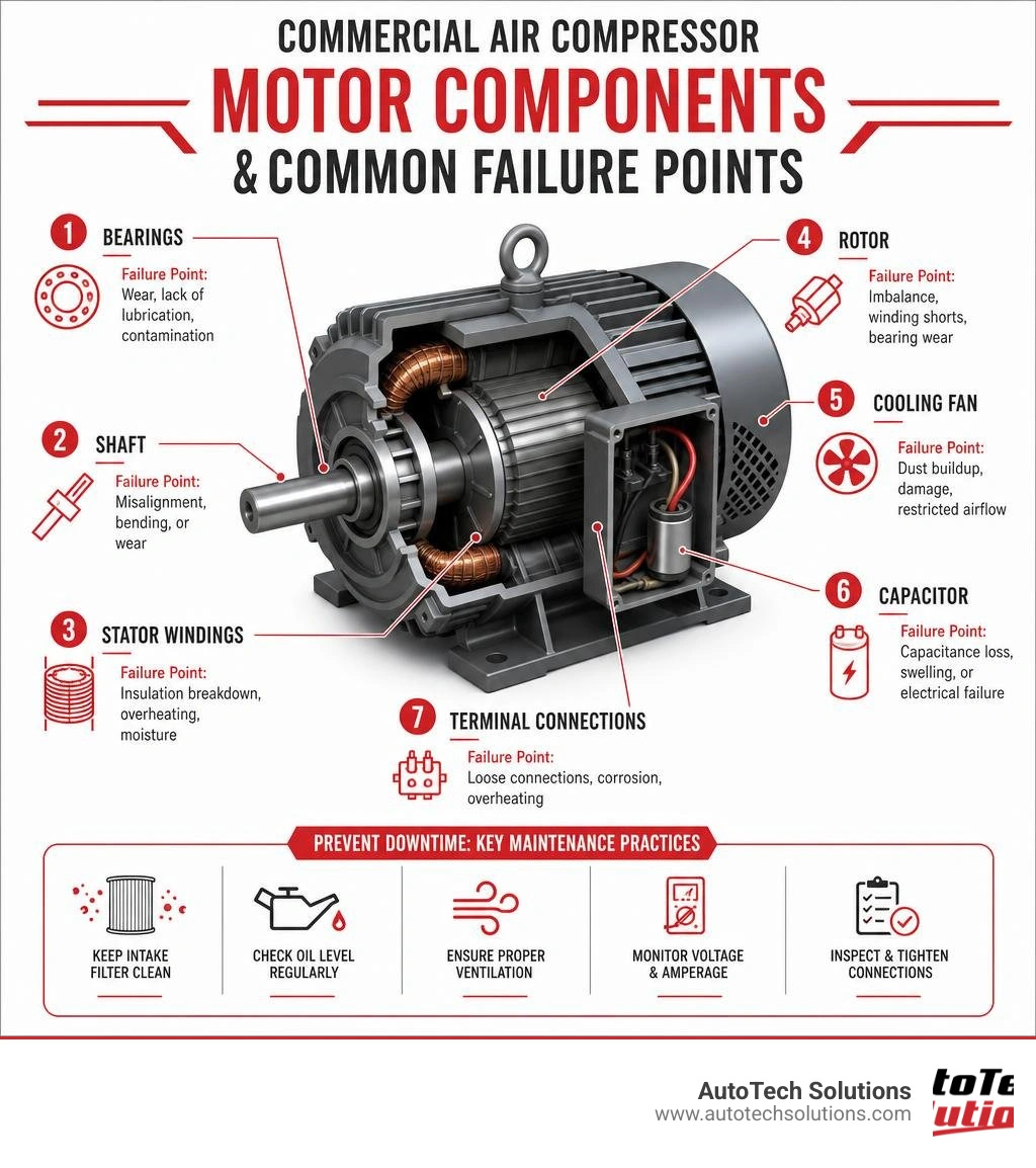 Commercial air compressor motor components and common failure points infographic infographic Commercial air compressor motor components and common failure points infographic infographic