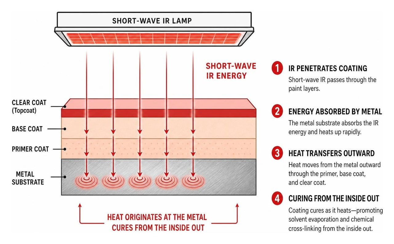 Diagram showing short-wave IR penetrating the paint layer to heat the metal substrate, curing paint from the inside out Diagram showing short-wave IR penetrating the paint layer to heat the metal substrate, curing paint from the inside out
