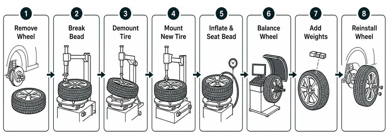 Tire mounting and balancing workflow step-by-step process Tire mounting and balancing workflow step-by-step process