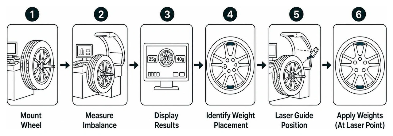 Wheel balancing workflow process from mounting to laser weight placement Wheel balancing workflow process from mounting to laser weight placement