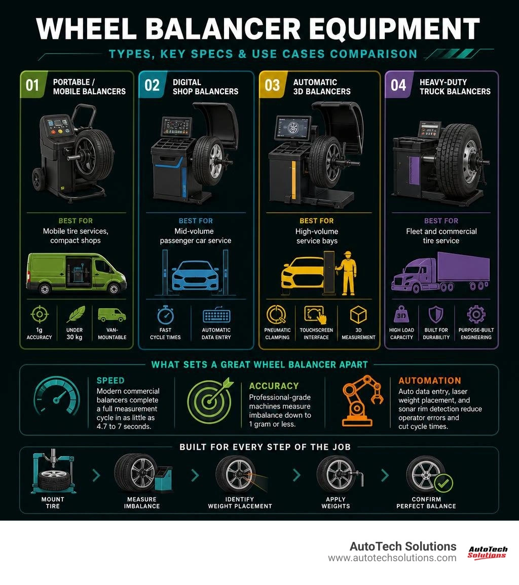Wheel balancer equipment types, key specs, and use cases comparison infographic infographic Wheel balancer equipment types, key specs, and use cases comparison infographic infographic