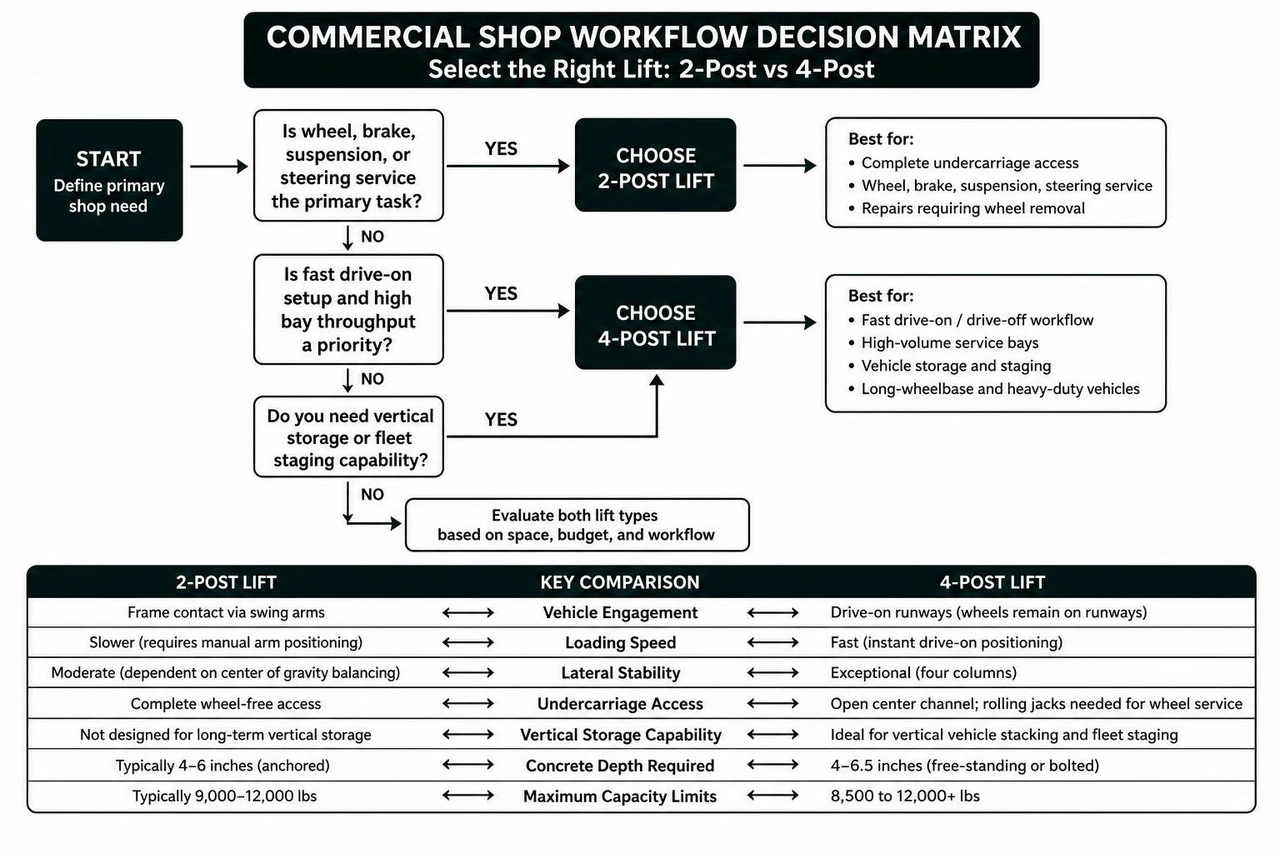 Diagram illustrating commercial shop workflow decision matrix for selecting two post vs four post vehicle lifts