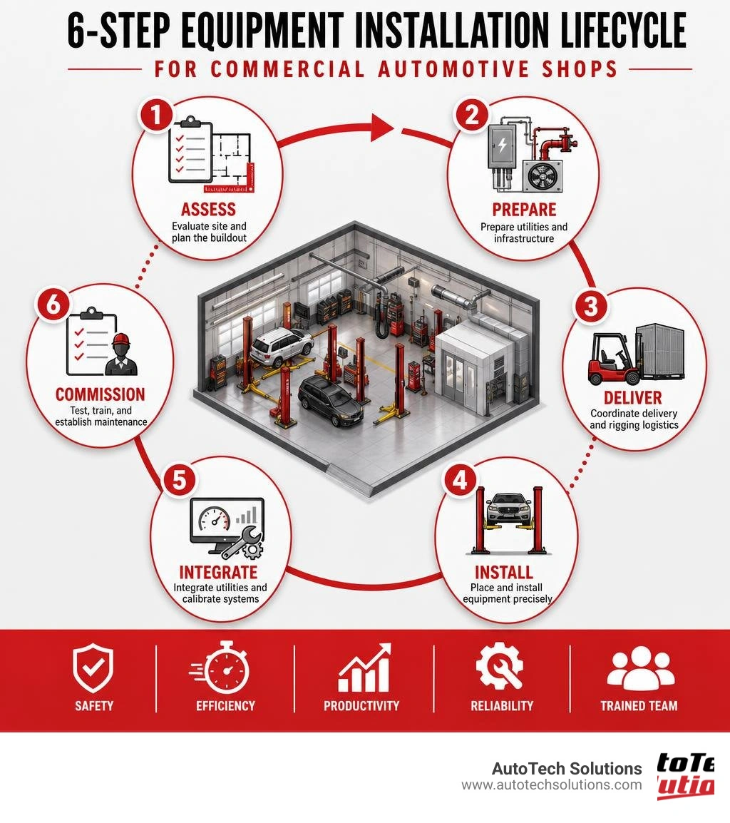 6-step equipment installation lifecycle for commercial automotive shops: assess, prepare, deliver, install, integrate 6-step equipment installation lifecycle for commercial automotive shops: assess, prepare, deliver, install, integrate