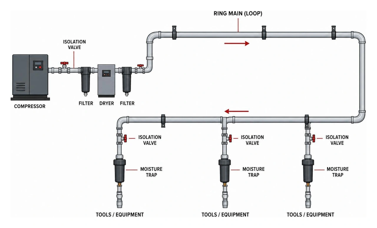 Diagram showing a loop-style ring main piping layout with drop legs, moisture traps, and isolation valves Diagram showing a loop-style ring main piping layout with drop legs, moisture traps, and isolation valves