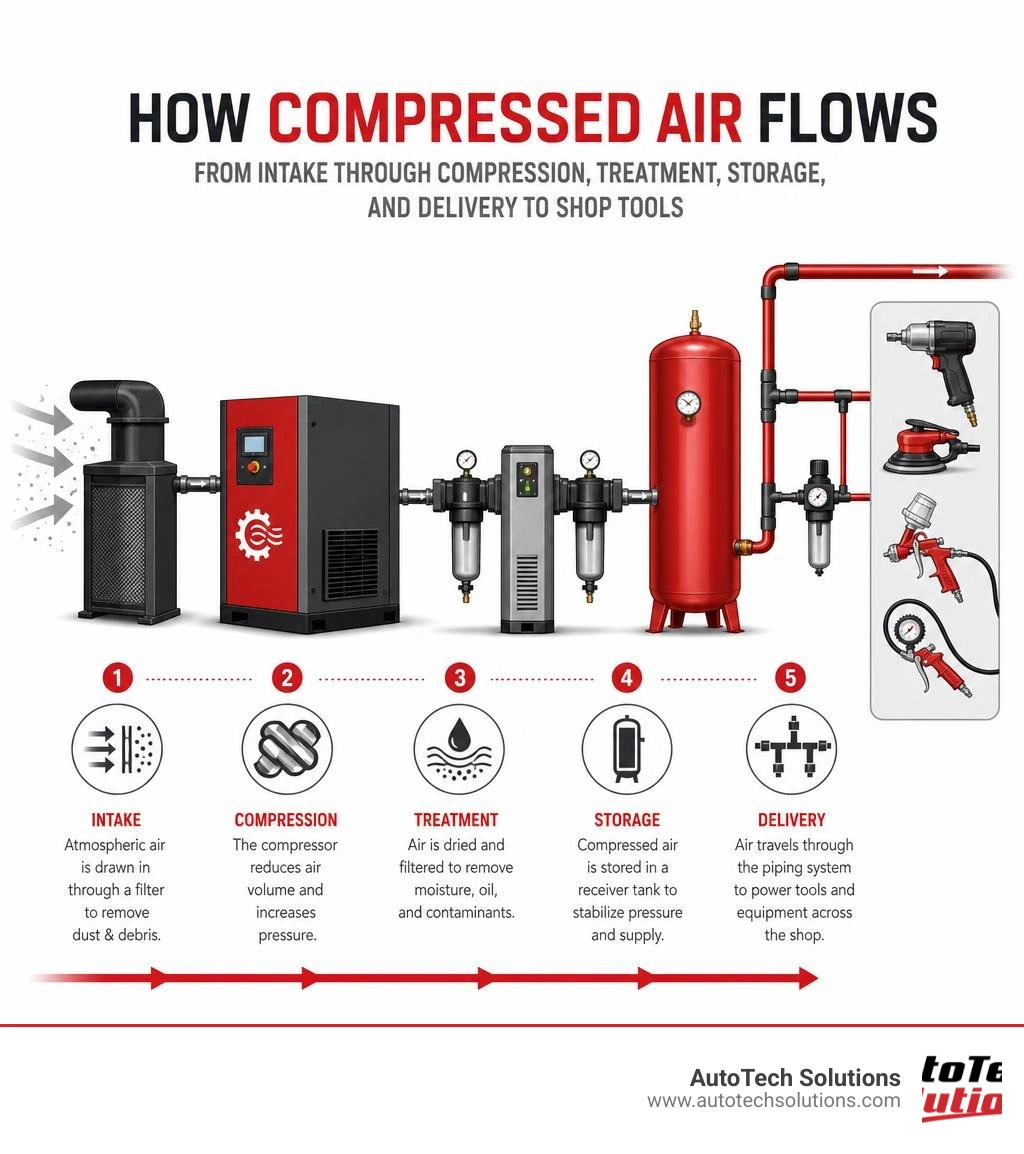 How compressed air flows from intake through compression, treatment, storage, and delivery to shop tools infographic How compressed air flows from intake through compression, treatment, storage, and delivery to shop tools infographic