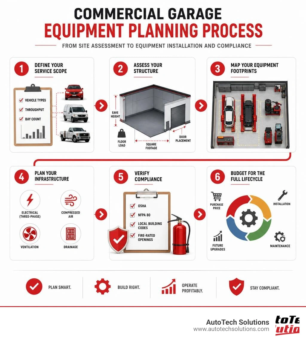 Commercial garage equipment planning process — from site assessment to equipment installation and compliance infographic Commercial garage equipment planning process — from site assessment to equipment installation and compliance infographic
