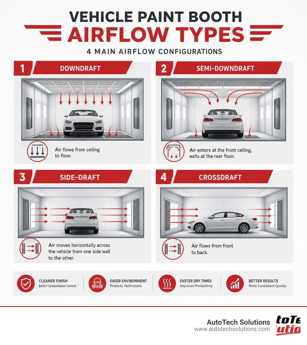 Infographic showing four vehicle paint booth airflow types: downdraft, semi-downdraft, side-draft, crossdraft infographic Infographic showing four vehicle paint booth airflow types: downdraft, semi-downdraft, side-draft, crossdraft infographic