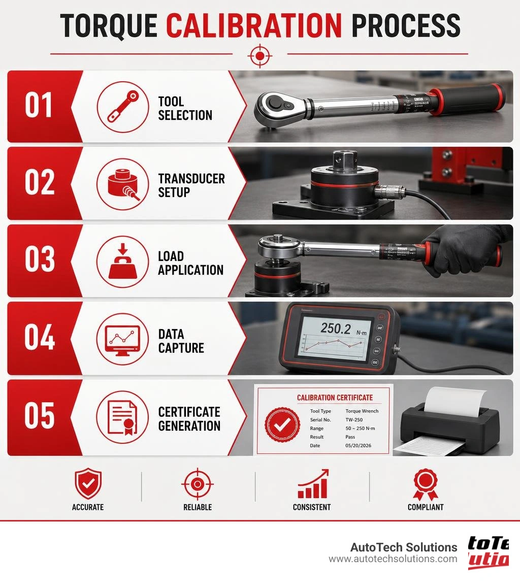 Infographic showing torque calibration process: tool selection, transducer setup, load application, data capture, and Infographic showing torque calibration process: tool selection, transducer setup, load application, data capture, and