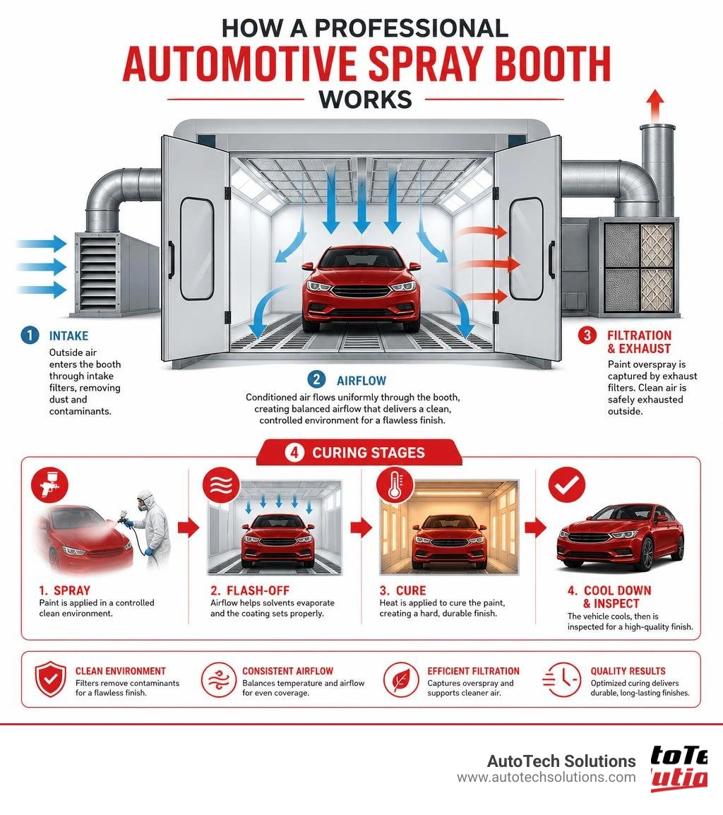 Infographic: How a professional automotive spray booth works — intake, airflow, filtration, curing stages infographic Infographic: How a professional automotive spray booth works — intake, airflow, filtration, curing stages infographic