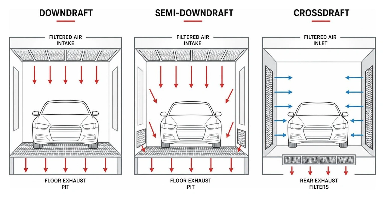 Diagram showing airflow patterns of Downdraft, Semi-Downdraft, and Crossdraft booths Diagram showing airflow patterns of Downdraft, Semi-Downdraft, and Crossdraft booths