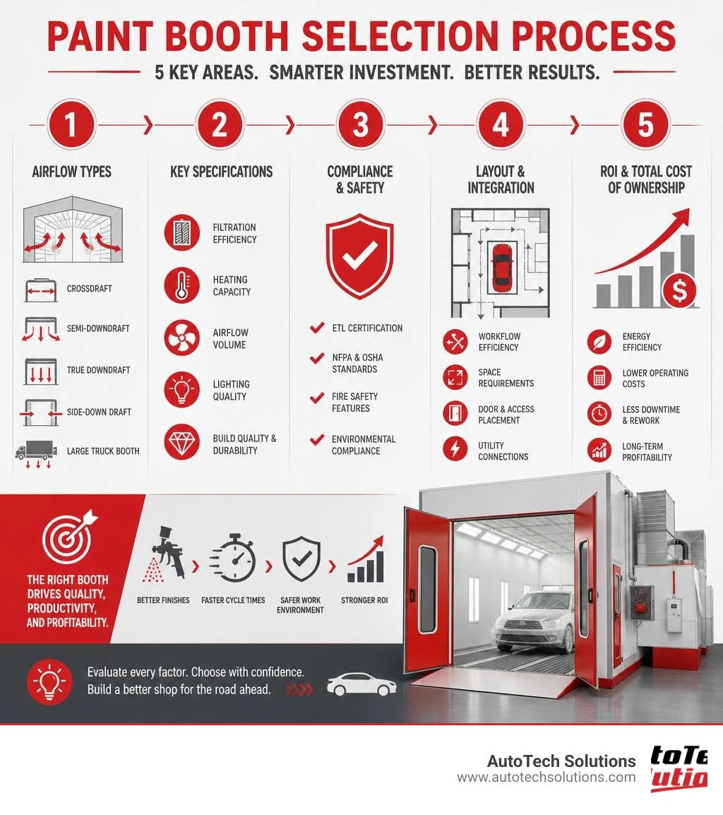 Paint booth selection process: airflow types, key specs, compliance, layout, and ROI considerations infographic Paint booth selection process: airflow types, key specs, compliance, layout, and ROI considerations infographic