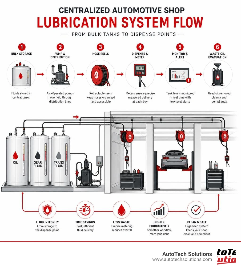 Centralized automotive shop lubrication system flow from bulk tanks to dispense points infographic Centralized automotive shop lubrication system flow from bulk tanks to dispense points infographic