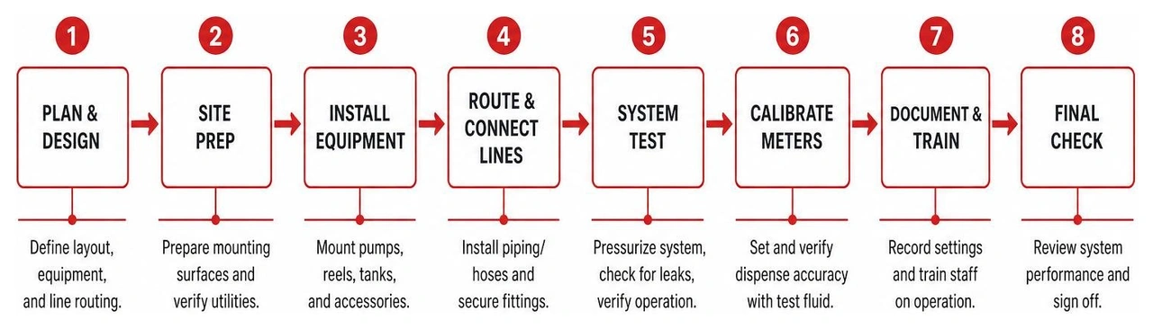 Flowchart showing the step-by-step process of professional lubrication system installation and calibration Flowchart showing the step-by-step process of professional lubrication system installation and calibration