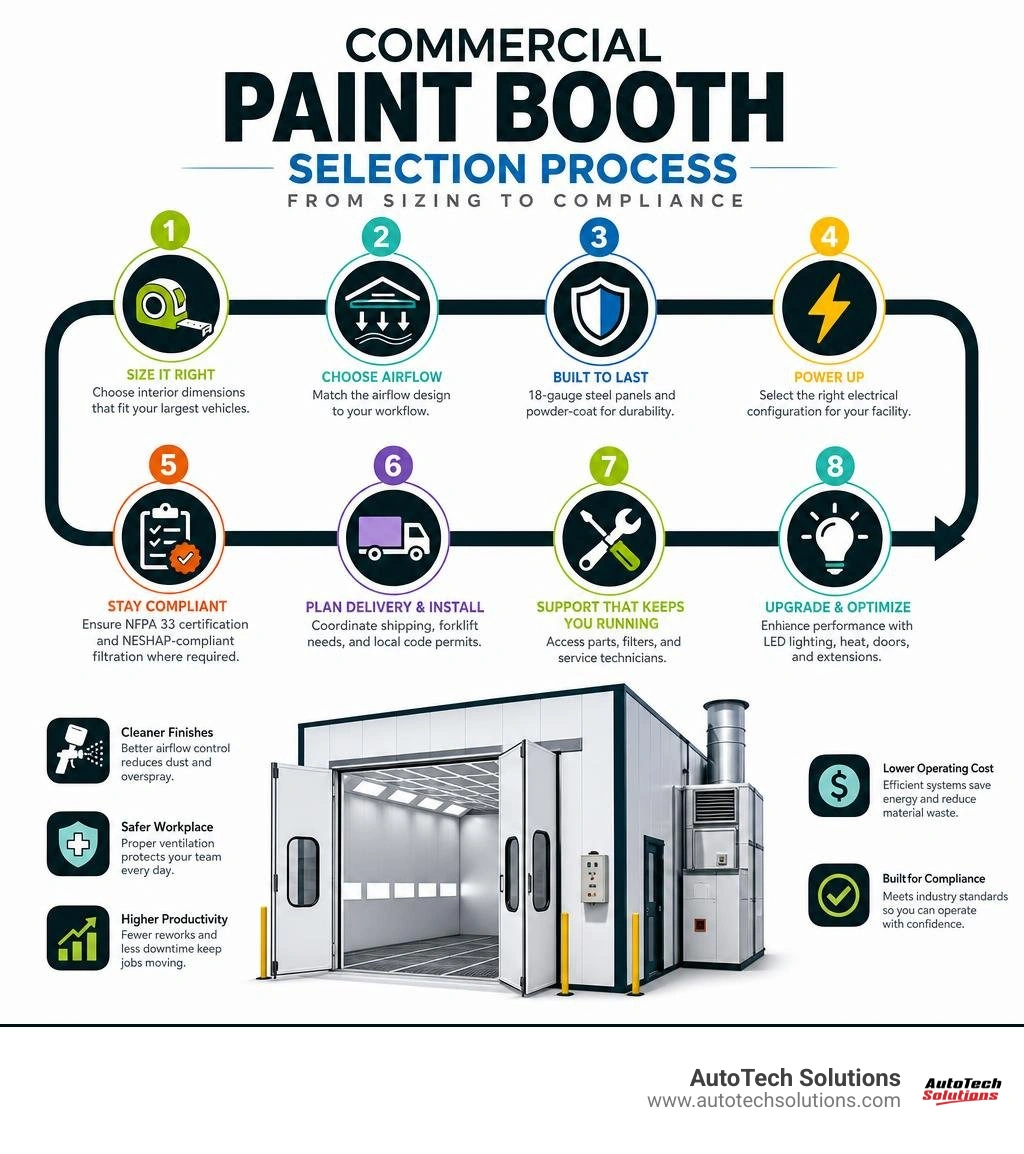 Commercial paint booth selection process infographic showing key steps from sizing to compliance infographic